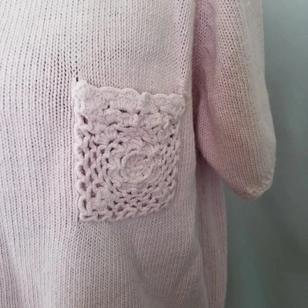 Vintage Pink Crochet Pocket Short Sleeve Sweater‎ Barbiecore